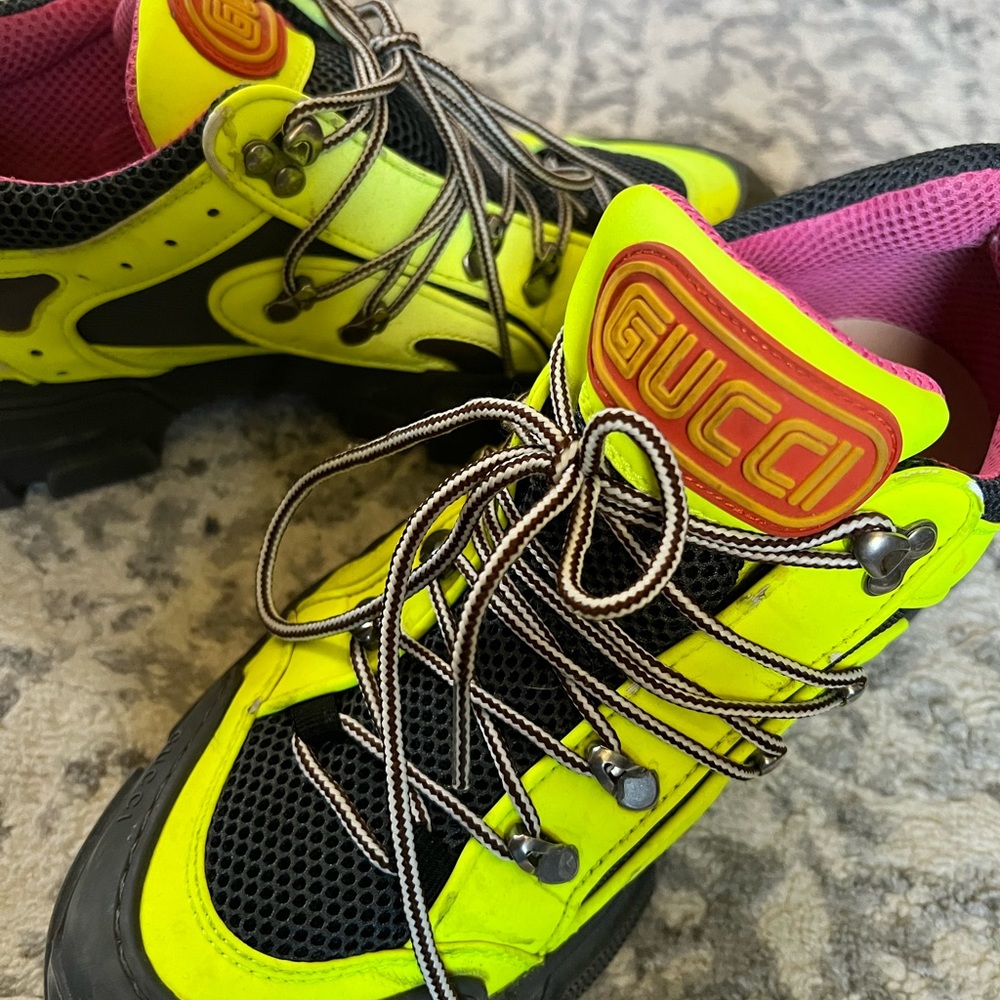 GUCCI Neon Yellow Reflective Flashtrek Hiking Sneakers Shoes Size & - Picture 3 of 4